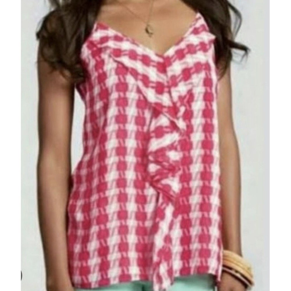 CAbi 341 Amour Houndstooth Plaid Cami Tank Ruffle Top Fuchsia Pink White Small